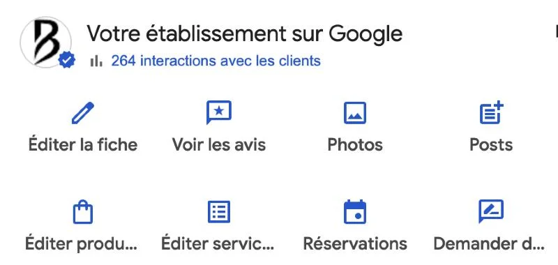 Le bloc Votre établissement sur Google, avec le bouton Demander des avis en bas à droite