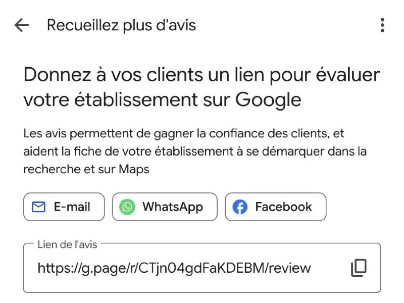 La fenêtre Recueillez plus d'avis, avec le lien de l'avis et son icône de copie