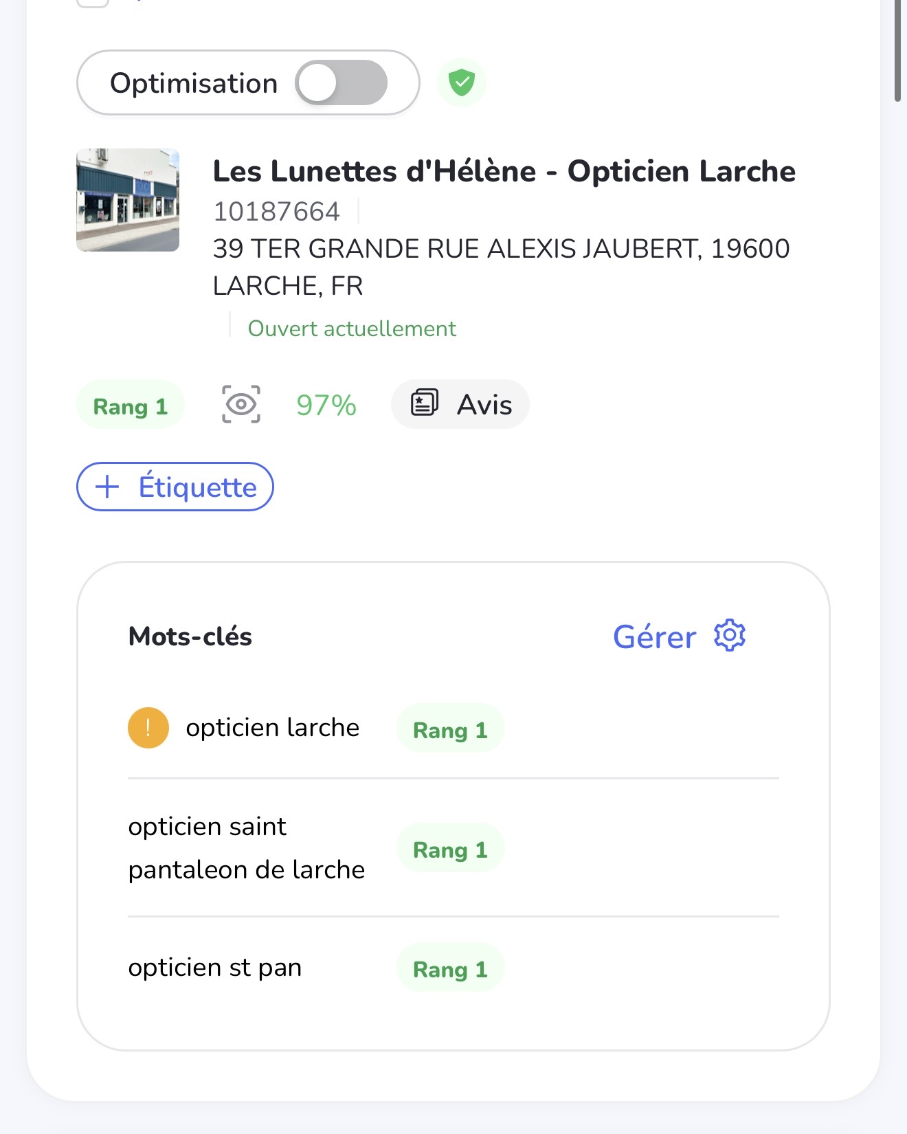 Résultats Google My Business - Les Lunettes d'Hélène